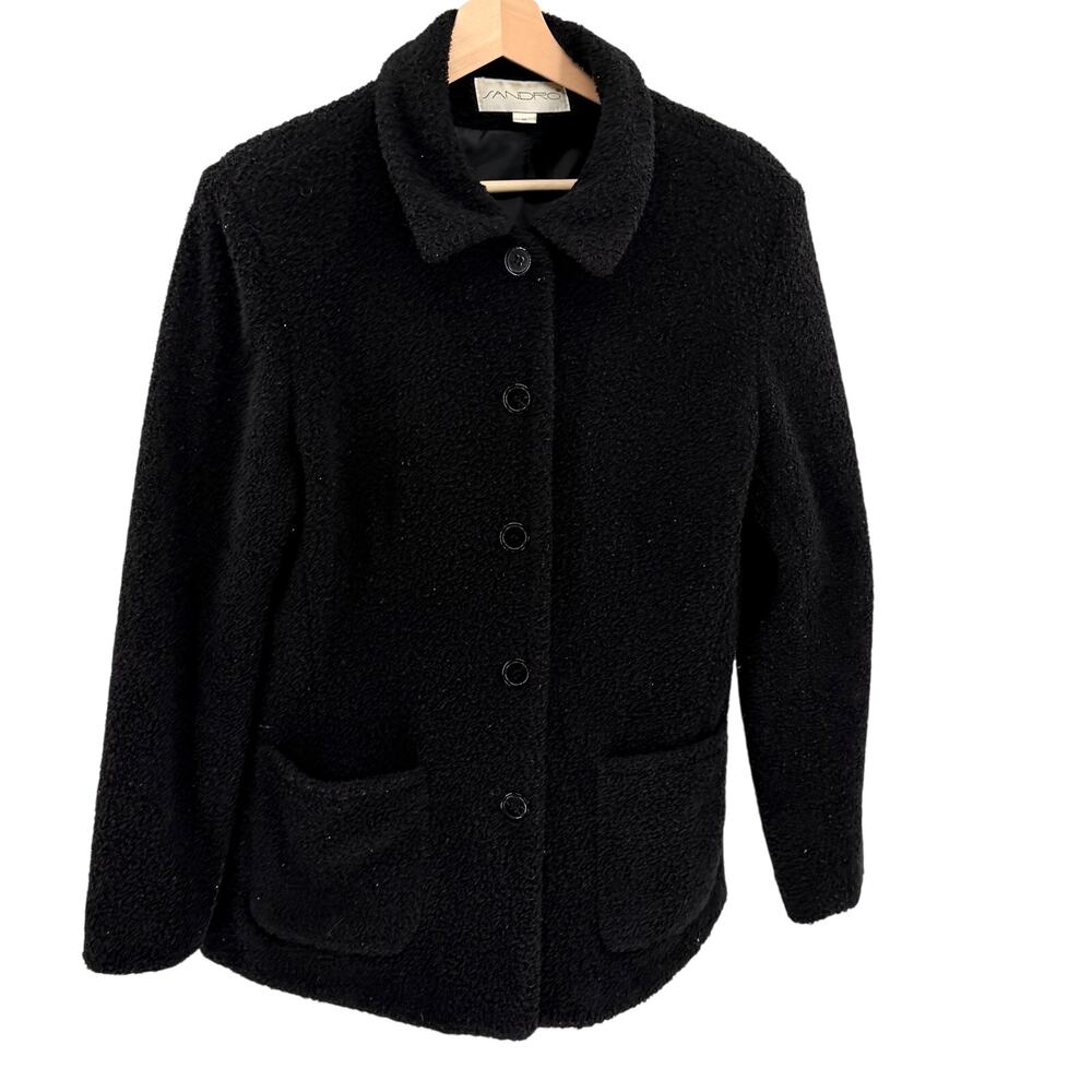 Vintage 90s Sandro Black Nubby Knit Collared Button Front Jacket